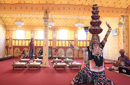 Rajasthani folk dancers performing for guests at Virasat Heritage Restaurant Jaipur