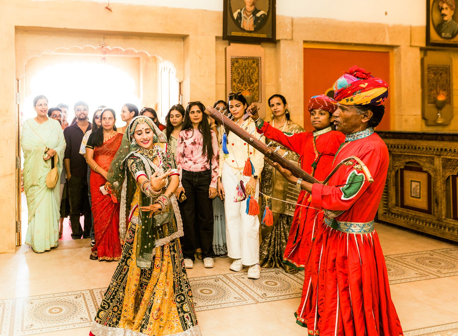 Group of guests receiving a royal welcome at Virasat Heritage Restaurant Jaipur